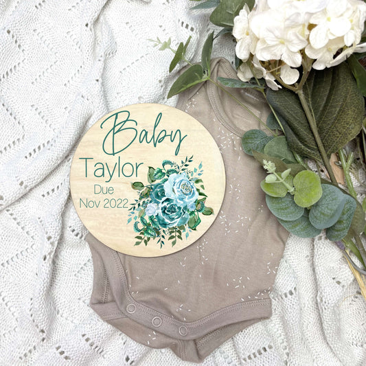 Pregnancy announcement disc, baby arrival sign, blue rose floral set, floral nursery