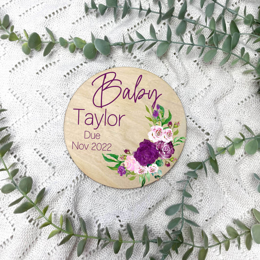 Pregnancy announcement disc, baby arrival sign, floral nursery, flowers, girls room