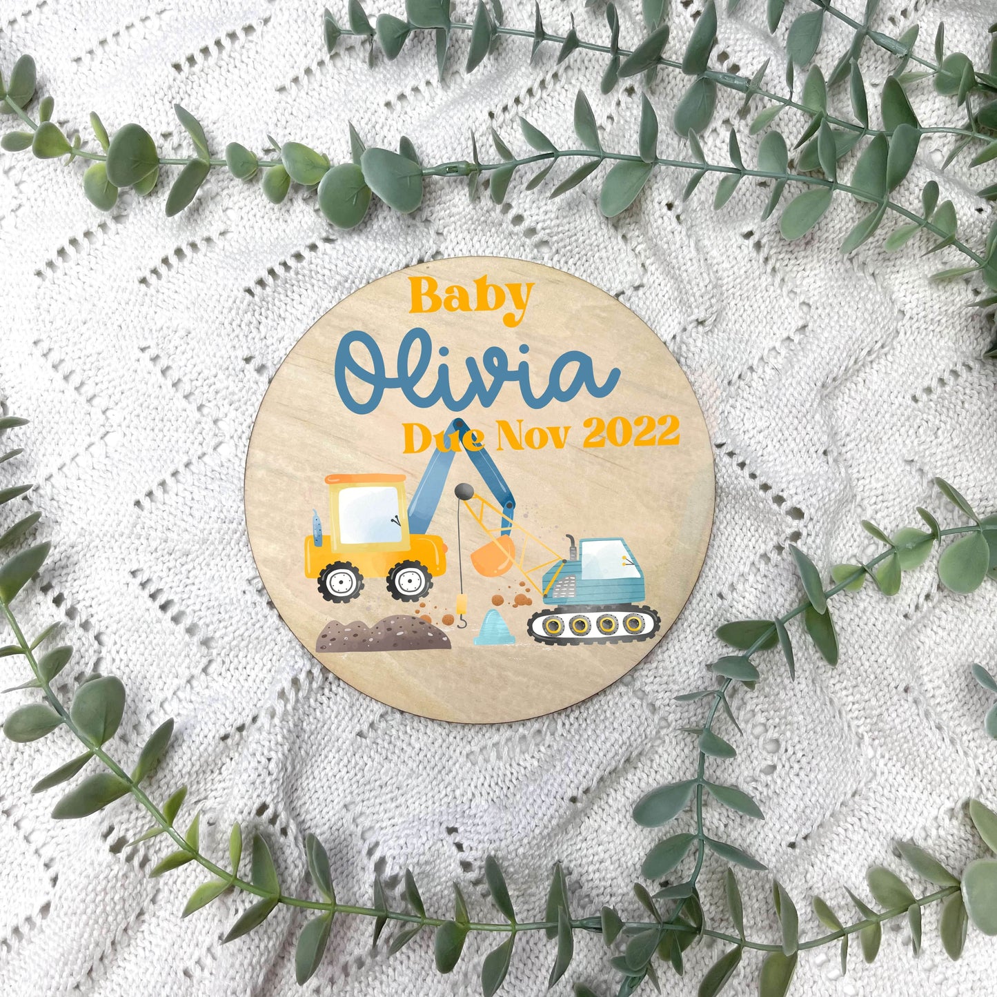 Pregnancy announcement disc, baby arrival sign, Construction nursery, crane theme, digger