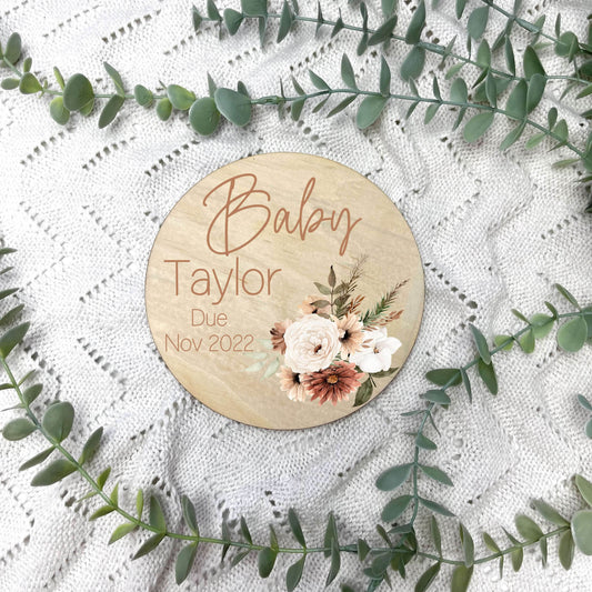 Pregnancy announcement disc, baby arrival sign, floral nursery, flowers, girls room