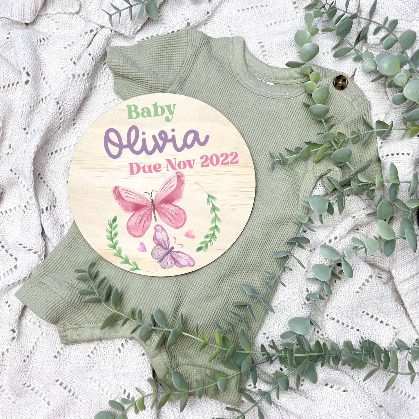 Pregnancy announcement disc, baby arrival sign, Butterflies, girl nursery, butterfly theme