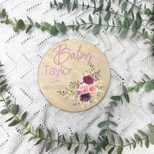Pregnancy announcement disc, baby arrival sign, floral nursery, flowers, girls room