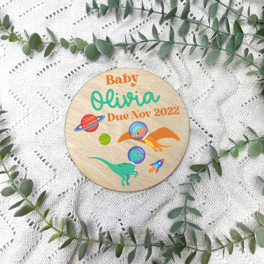 Pregnancy announcement disc, baby arrival sign, Dinosaurs, cute dinosaurs, space dinos