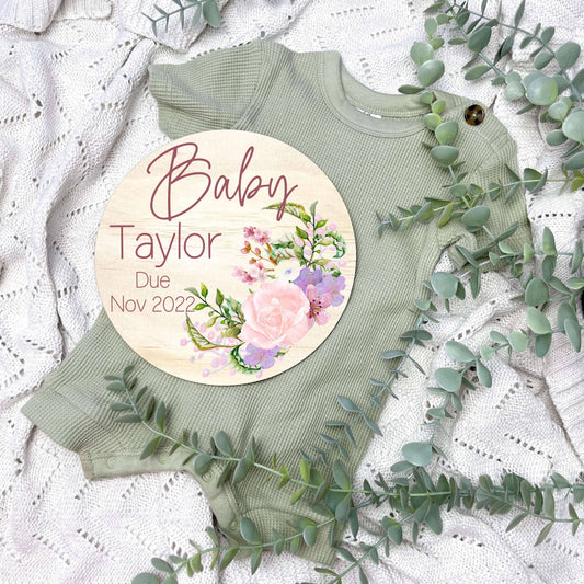 Pregnancy announcement disc, baby arrival sign, pretty in pink floral set, floral nursery