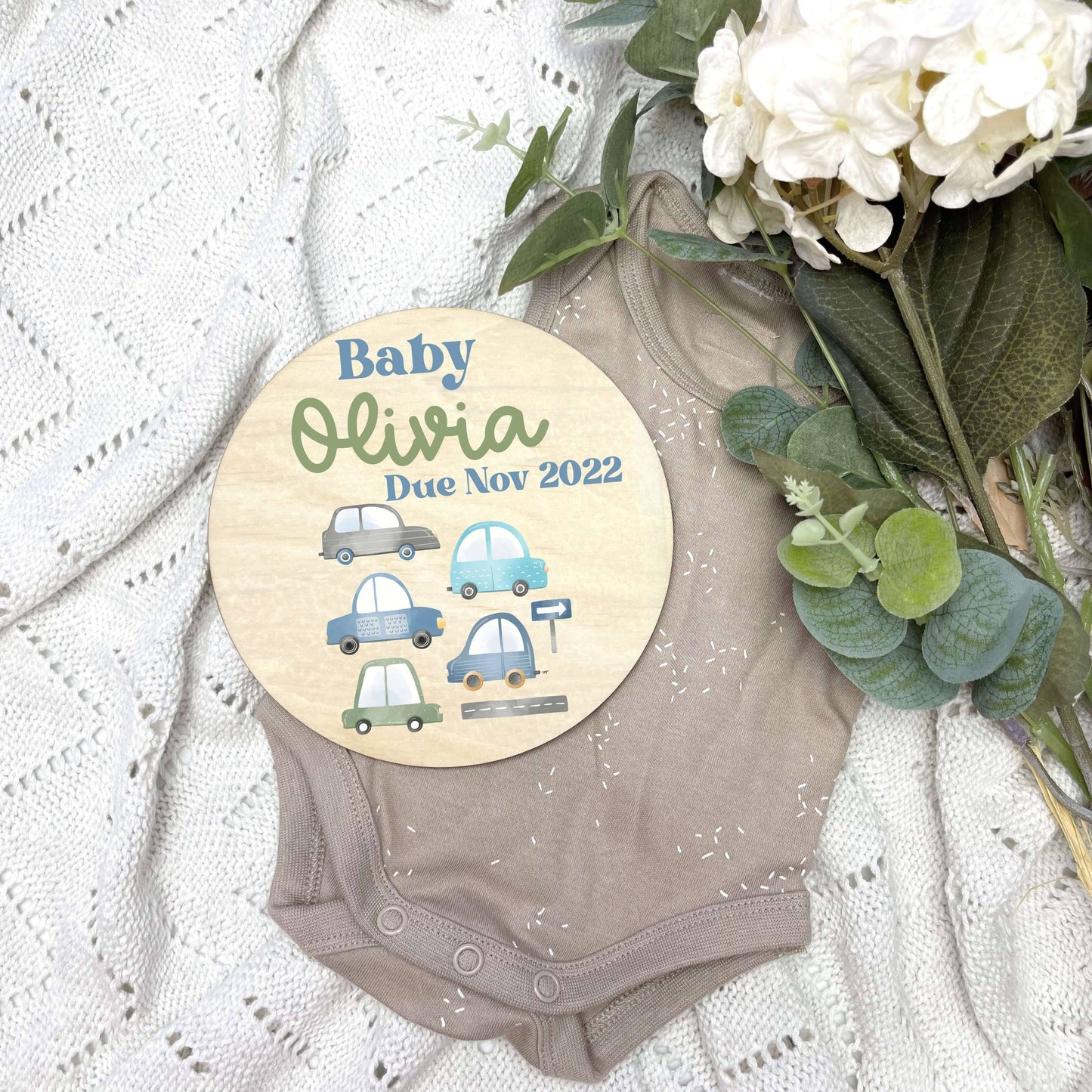 Pregnancy announcement disc, baby arrival sign, Toy cars, cars theme, boys nursery