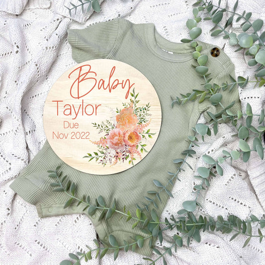 Pregnancy announcement disc, baby arrival sign, floral nursery, flowers, girls room