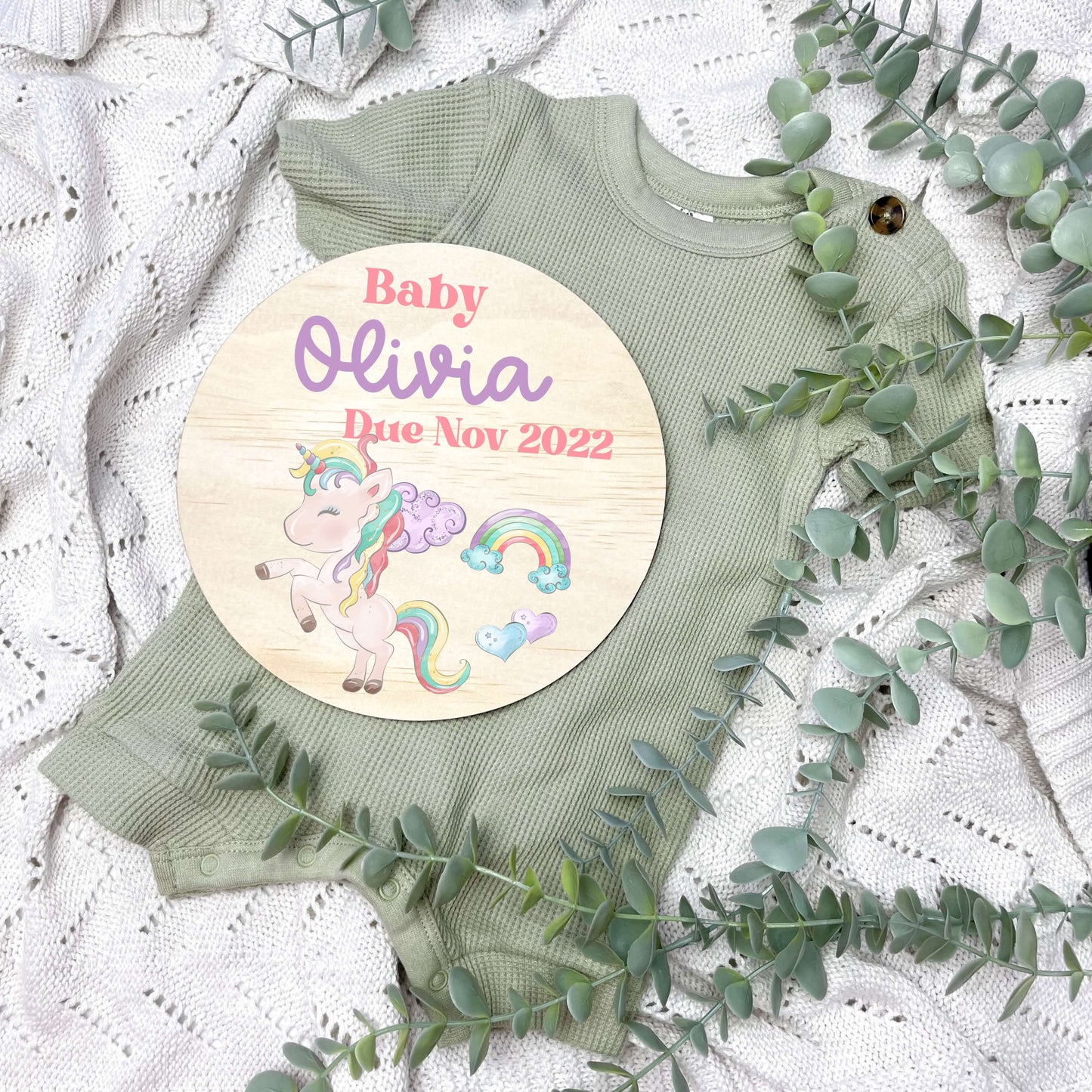 Pregnancy announcement disc, baby arrival sign, unicorns, colourful unicorns, girls unicorn