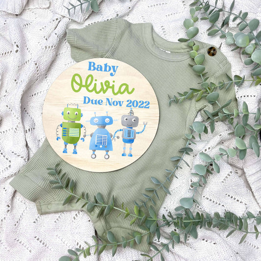 Pregnancy announcement disc, baby arrival sign, Robotics, robot nursery, boys robot room