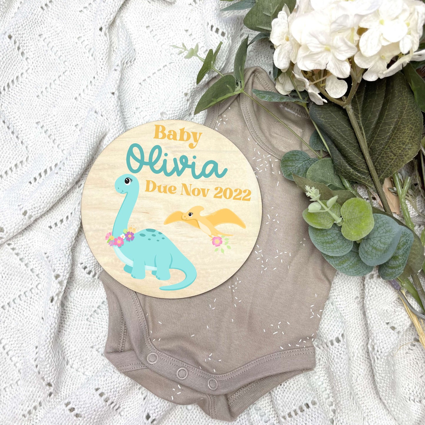 Pregnancy announcement disc, baby arrival sign, Dinosaurs, cute dinosaurs, girls nursery