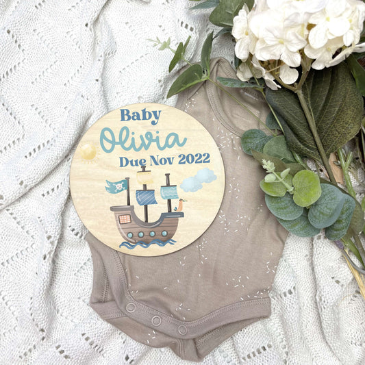 Pregnancy announcement disc, baby arrival sign, Pirates nursery, pirate ship, boy gift
