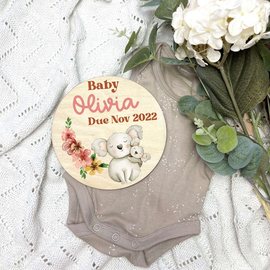 Pregnancy announcement disc, baby arrival sign, Aussie Animals, koala, baby koalas