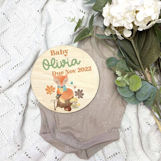 Pregnancy announcement disc, baby arrival sign, woodland animals, animals nursery, kids nursery