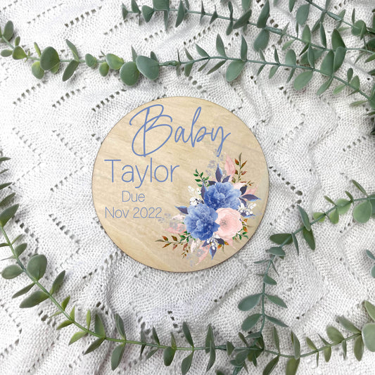 Pregnancy announcement disc, baby arrival sign, floral nursery, flowers, girls room