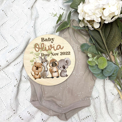 Pregnancy announcement disc, baby arrival sign, Aussie Animals, koala, kangaroo, kookaburra