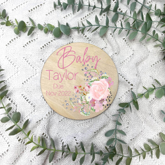 Pregnancy announcement disc, baby arrival sign, floral nursery, flowers, girls room