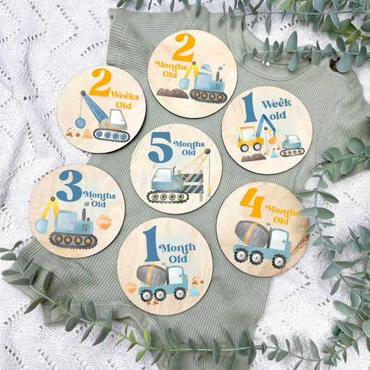 Construction newborn milestone discs, baby milestones, Construction nursery, crane theme, digger