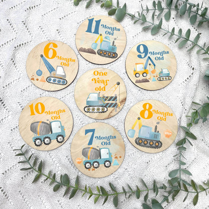 Construction newborn milestone discs, baby milestones, Construction nursery, crane theme, digger