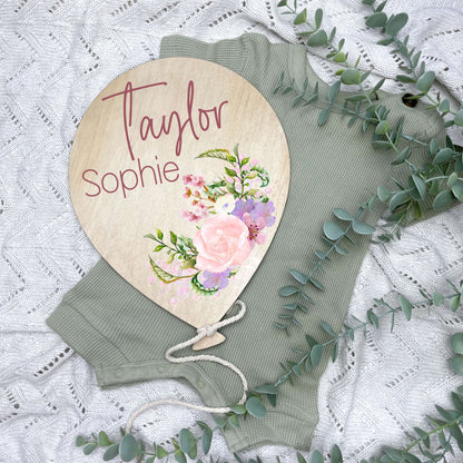 Baby name Balloon sign, pretty in pink floral set, floral nursery