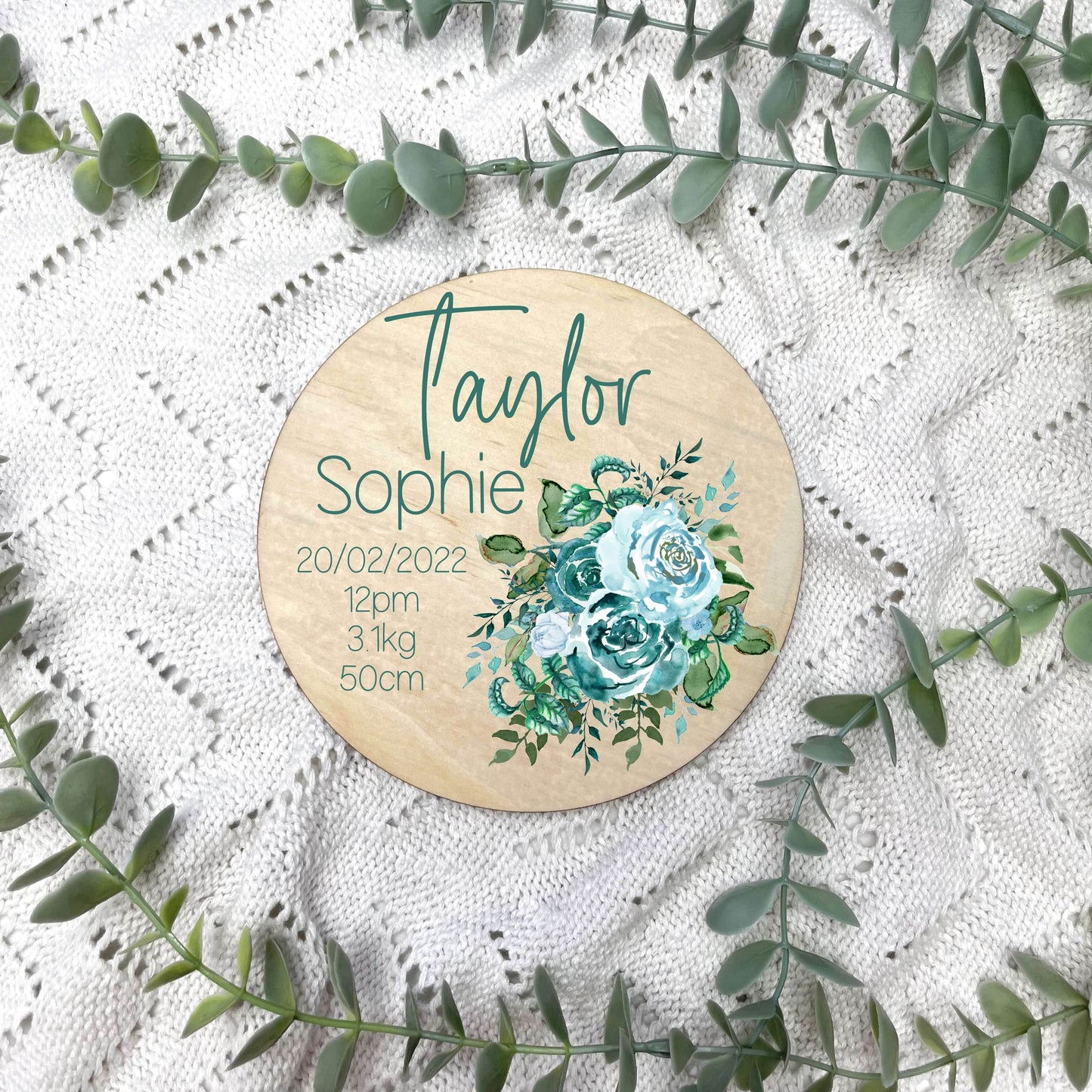 Baby birth stats sign, baby announcement disc, blue rose floral set, floral nursery