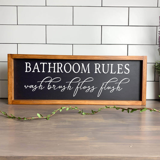 Bathroom Rules, Wash Brush Floss Flush, framed bathroom wood sign, bathroom decor, home decor