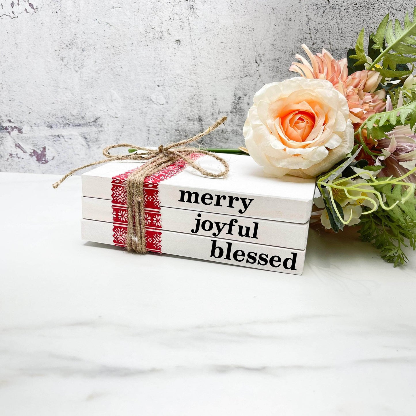 Merry joyful blessed faux book stack