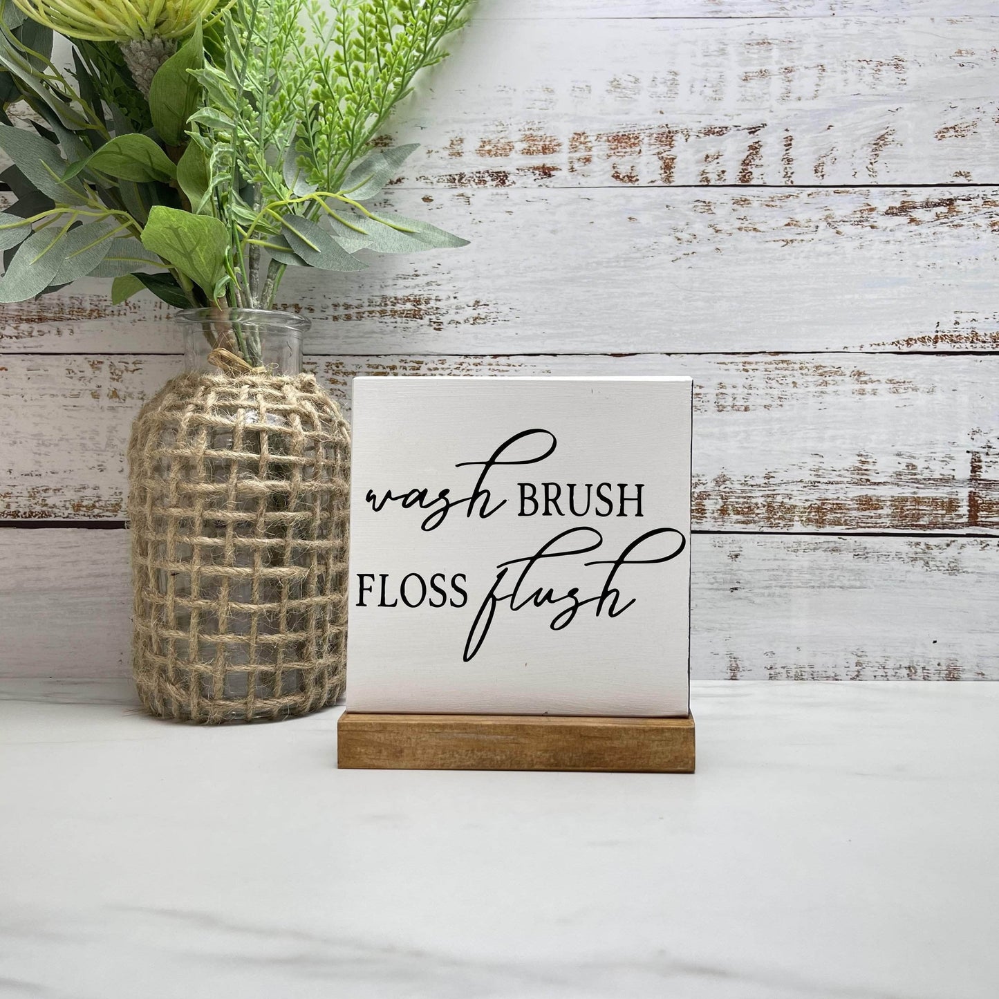 Wash brush floss flush bathroom wood sign with base decor