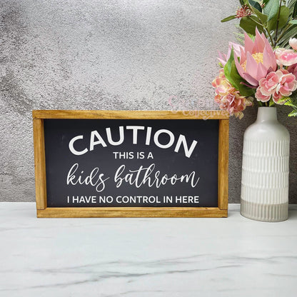 Caution it's a kids bathroom framed bathroom wood sign, bathroom decor, home decor