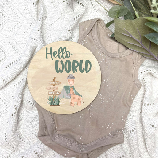 Hello World sign, baby announcement disc, jungle theme, Safari Theme