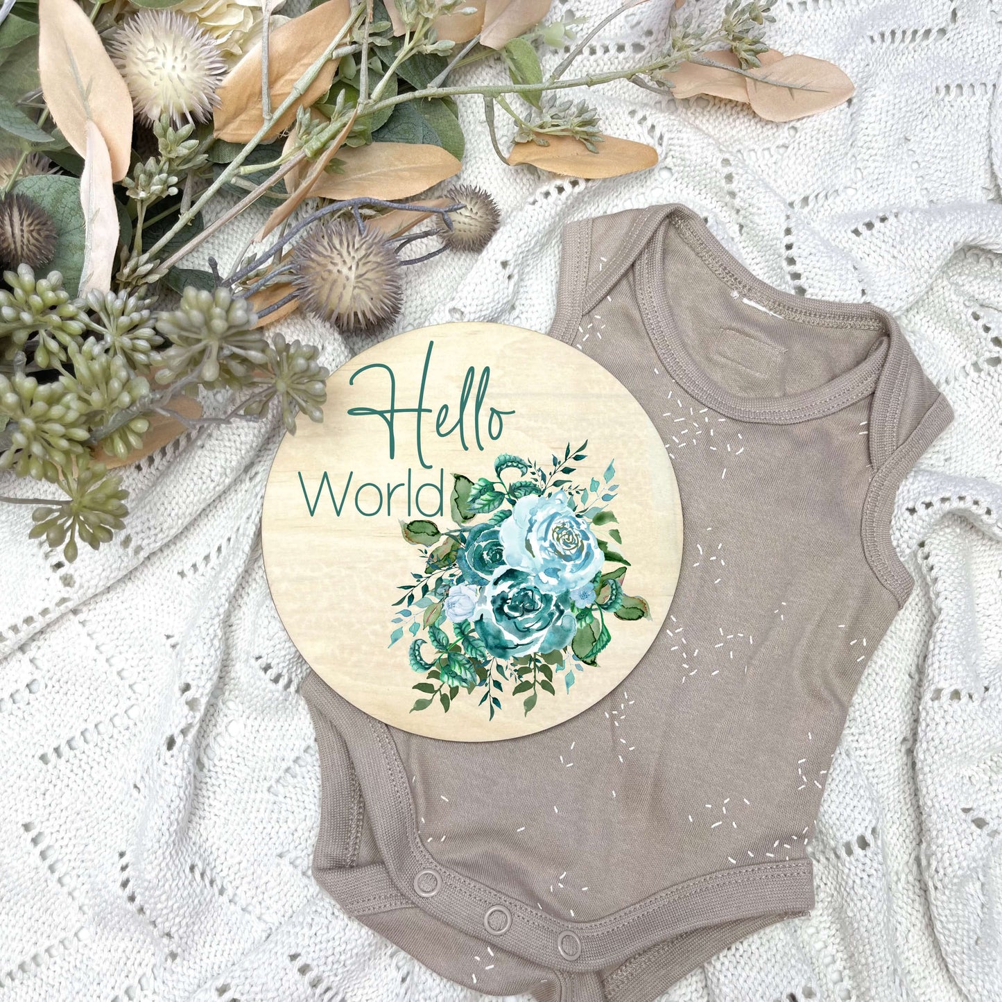 Hello World sign, baby announcement disc, blue rose floral set, floral nursery