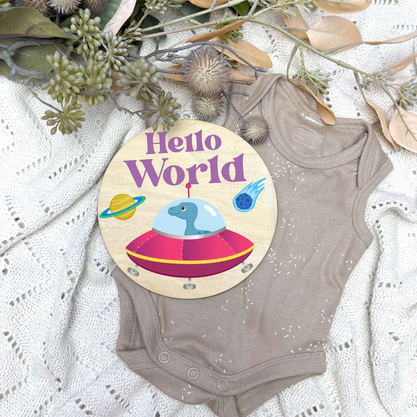 Hello World sign, baby announcement disc, Dinosaurs, cute dinosaurs, space dinos