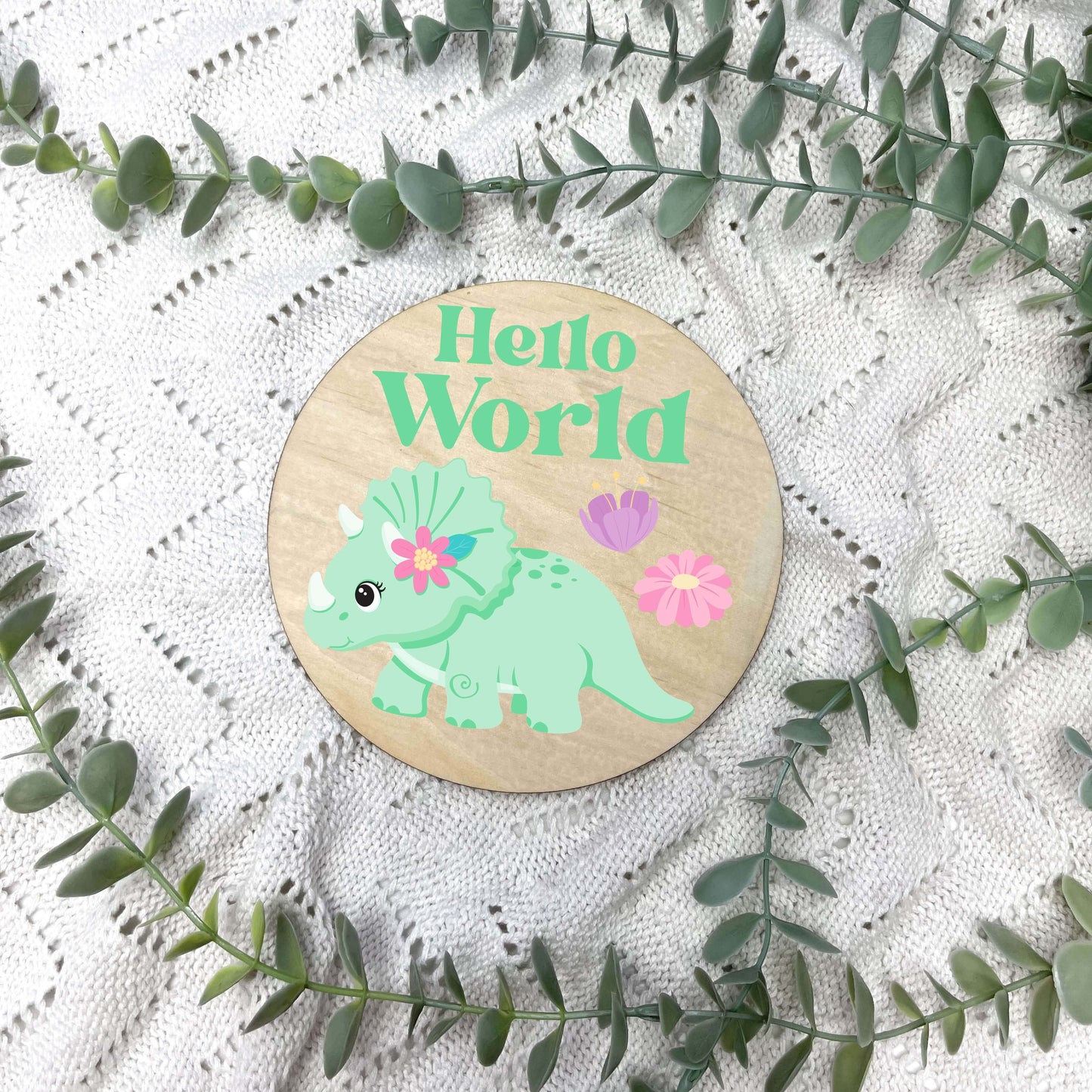 Hello World sign, baby announcement disc, Dinosaurs, cute dinosaurs, girls nursery