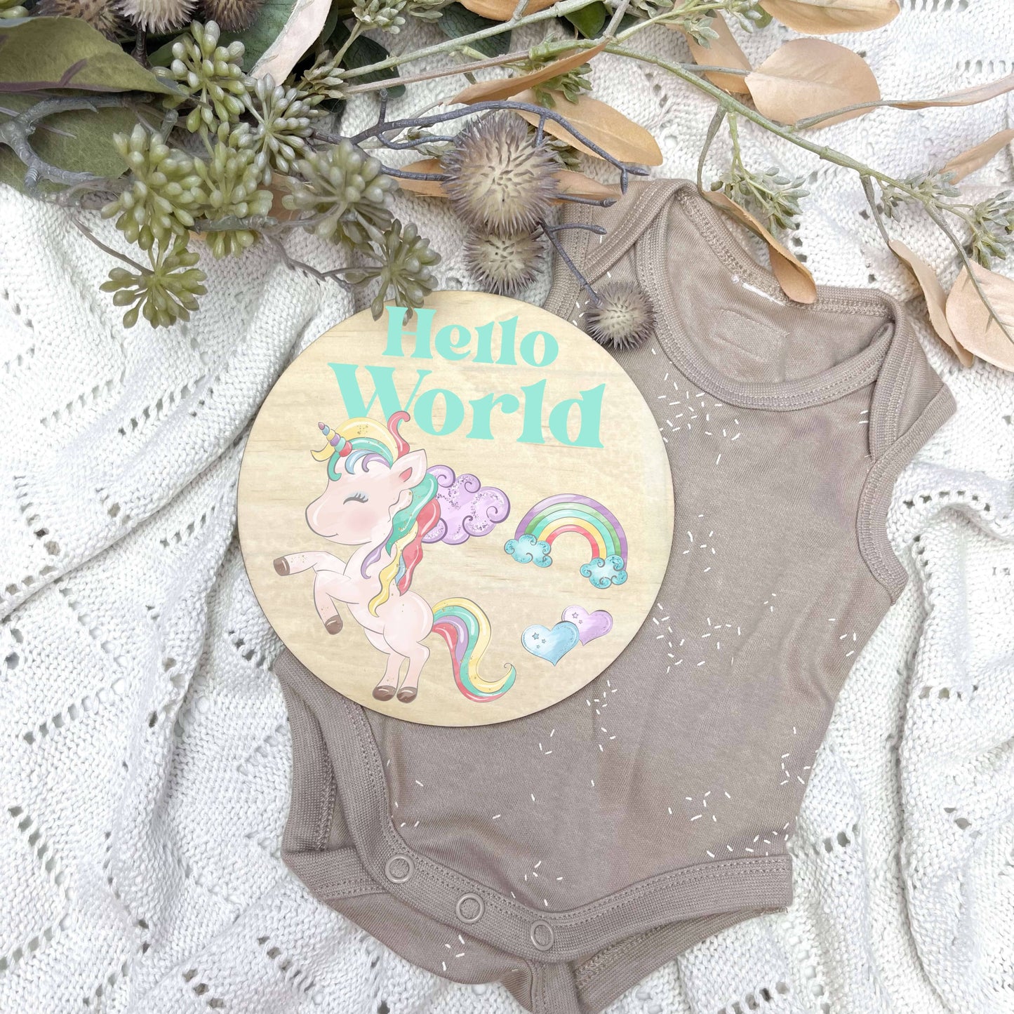 Hello World sign, baby announcement disc, unicorns, colourful unicorns, girls unicorn