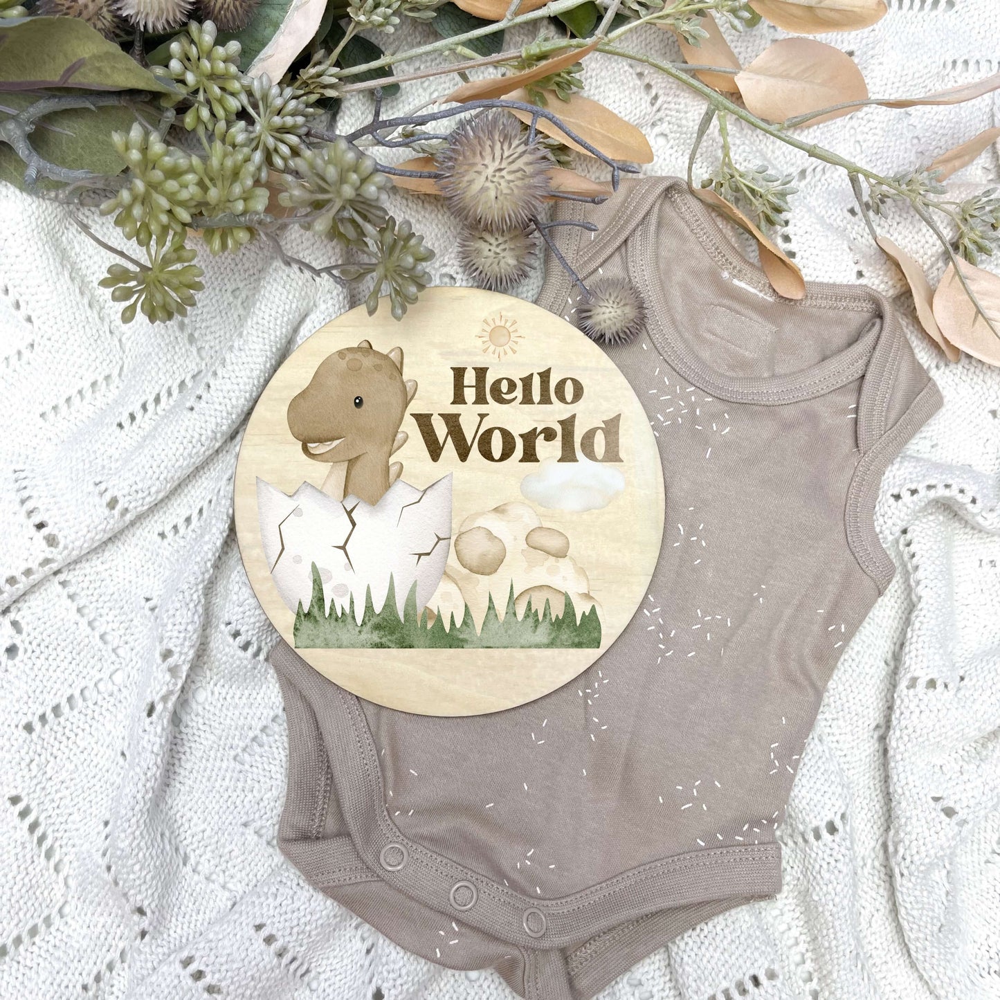 Hello World sign, baby announcement disc, Dinosaur nursery, jurassic nursery