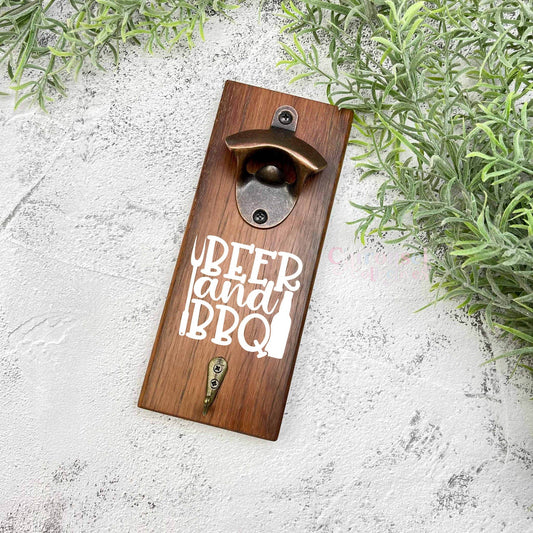 Beer and BBQ bottle opener sign, Australian ironbark hardwood sign