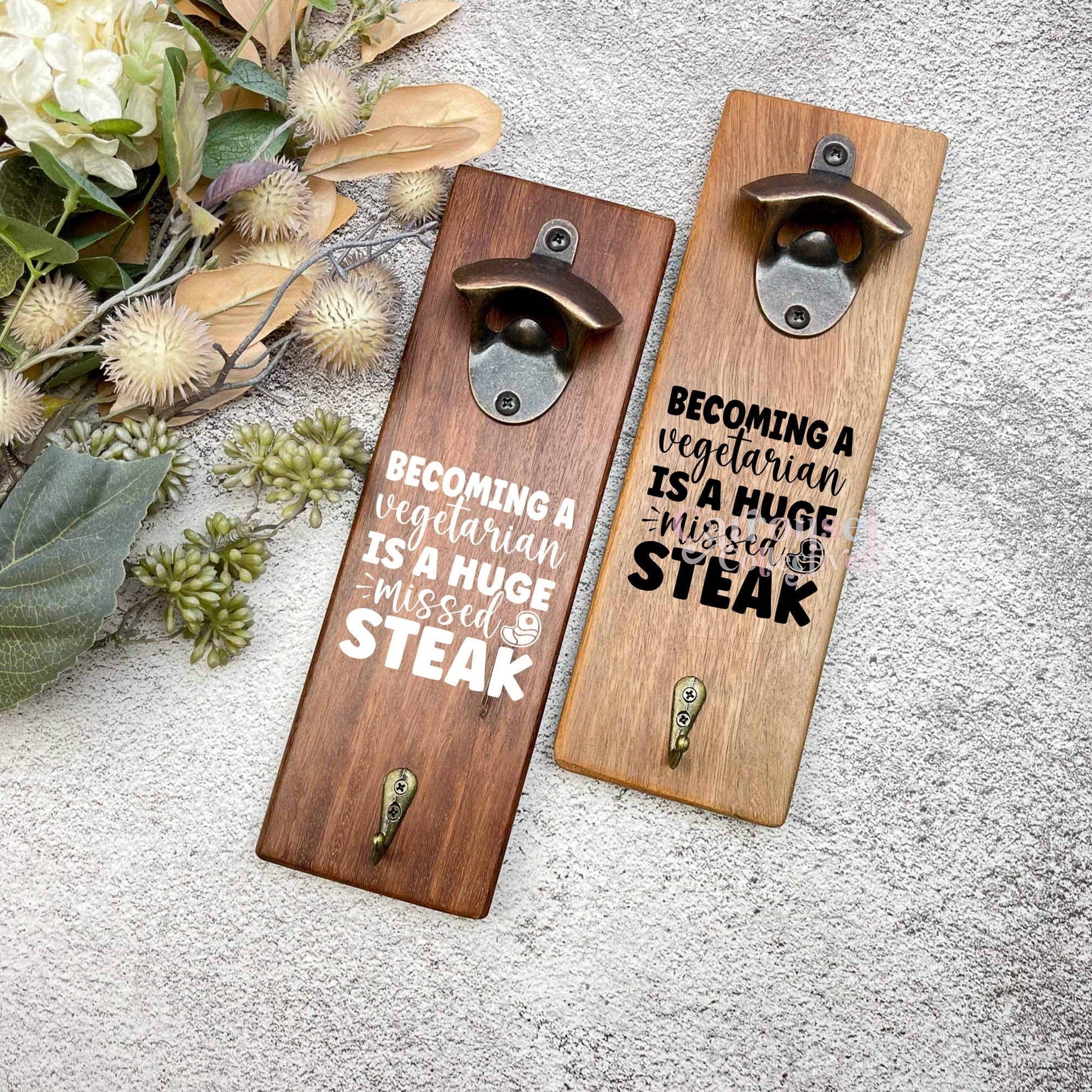 Vegetarian joke bottle opener sign, Australian ironbark hardwood sign