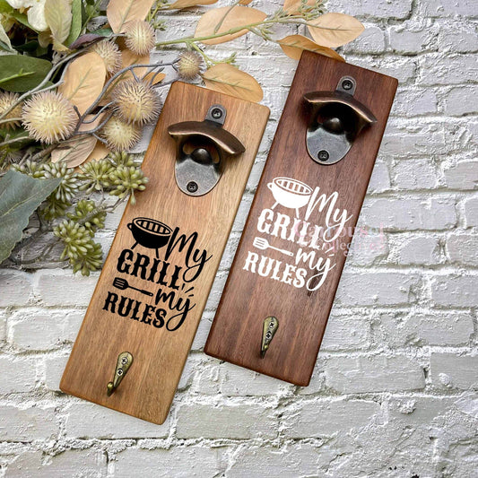 My grill my rules bottle opener sign, Australian ironbark hardwood sign