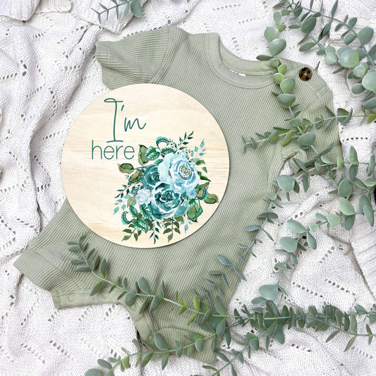 I'm here sign, baby announcement disc, blue rose floral set, floral nursery