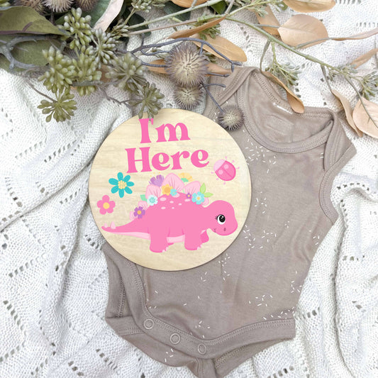 I'm here sign, baby announcement disc, Dinosaurs, cute dinosaurs, girls nursery