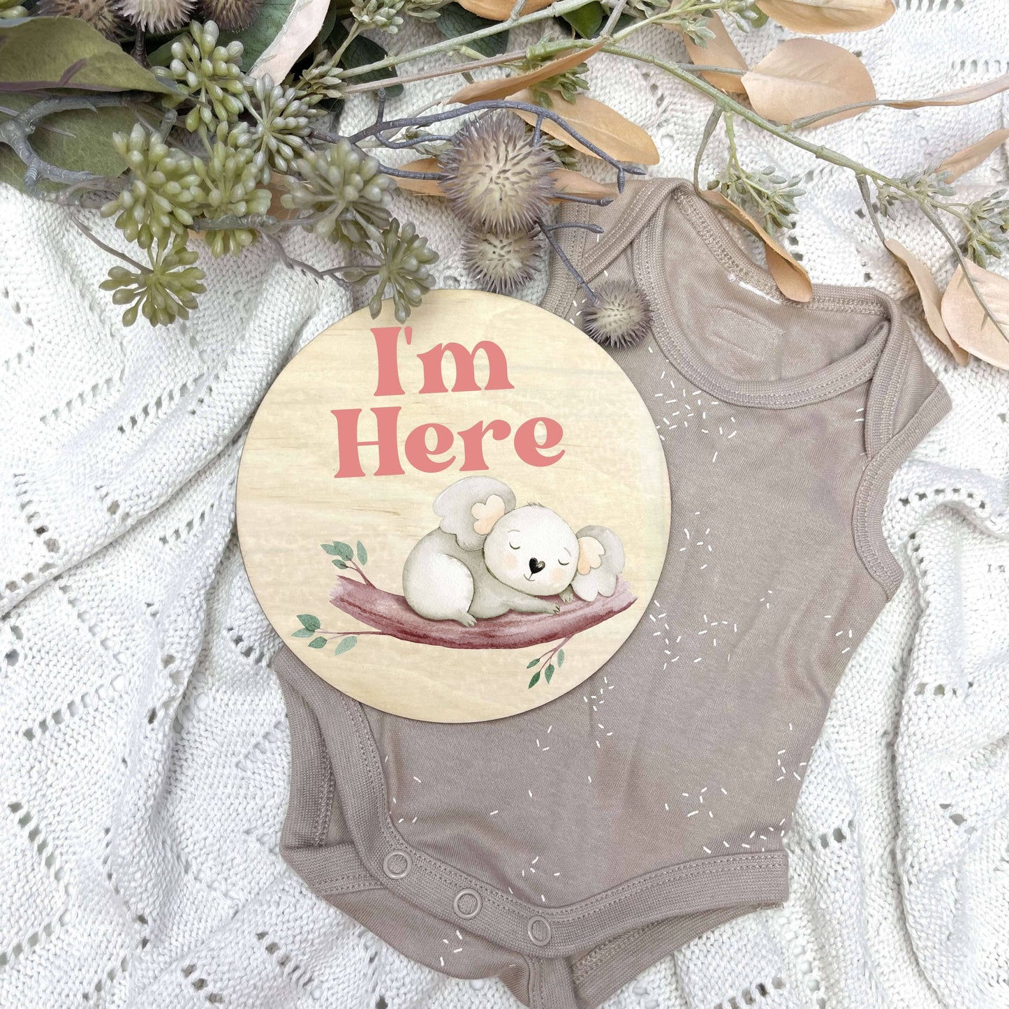 I'm here sign, baby announcement disc, Aussie Animals, koala, baby koalas