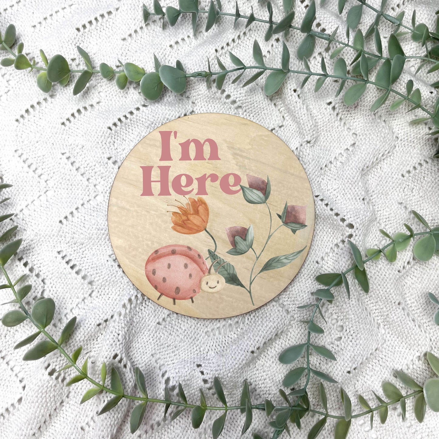 I'm here sign, baby announcement disc, Fairy theme, fairy garden, girl nursery