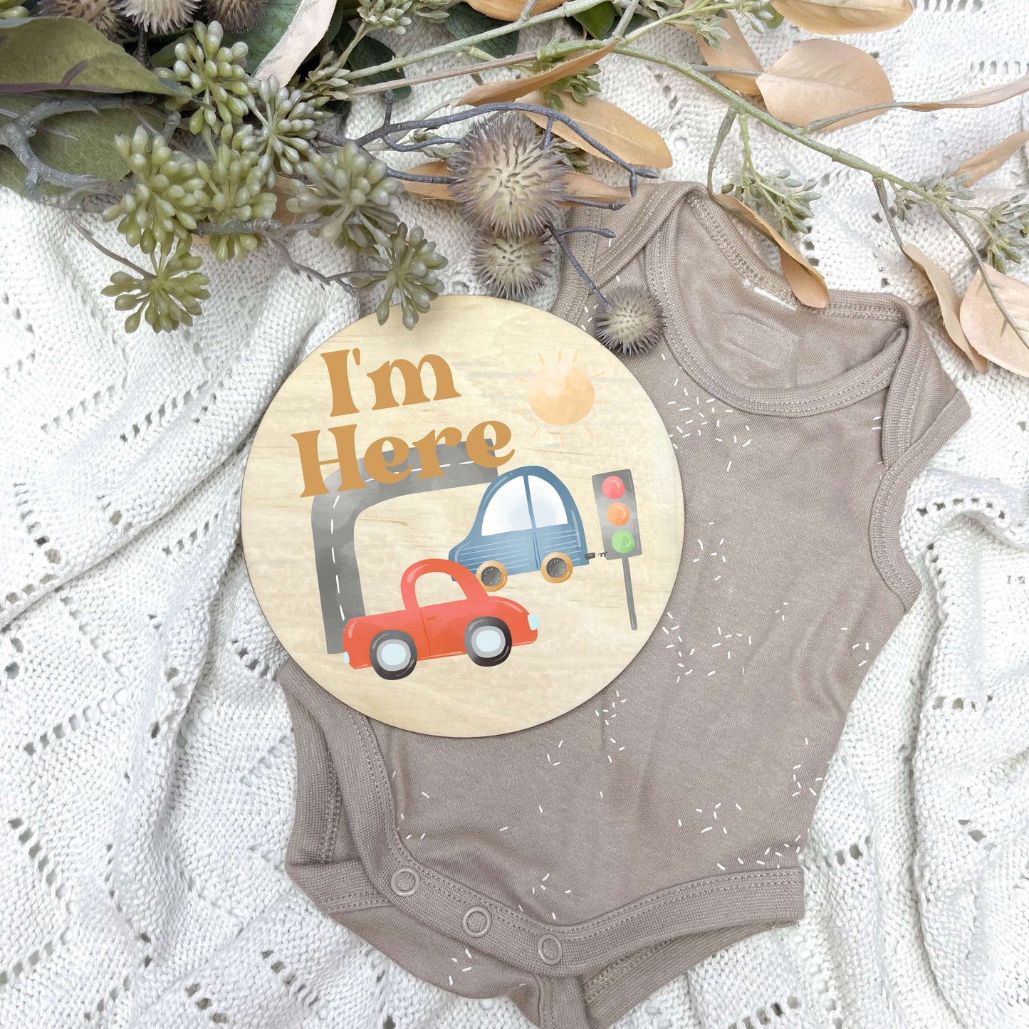 I'm here sign, baby announcement disc, Toy cars, cars theme, boys nursery