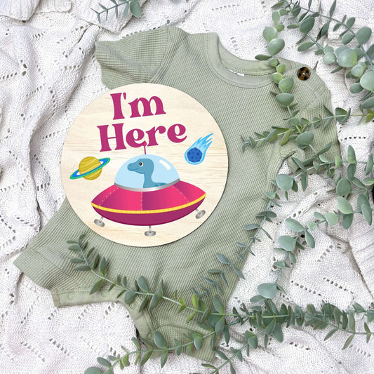 I'm here sign, baby announcement disc, Dinosaurs, cute dinosaurs, space dinos