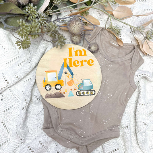 I'm here sign, baby announcement disc, Construction nursery, crane theme, digger