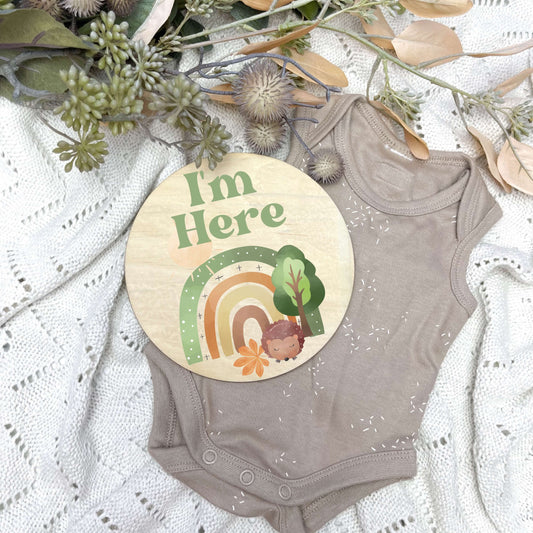 I'm here sign, baby announcement disc, woodland animals, animals nursery, kids nursery