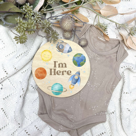 I'm here sign, baby announcement disc, Space Nursery Theme, Planets Nursery