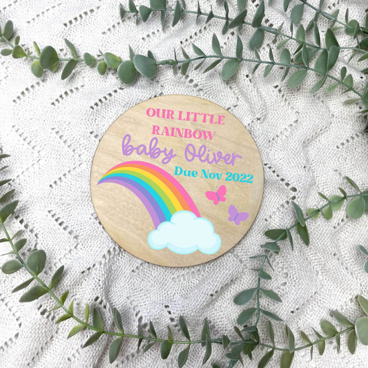 Our little rainbow sign, baby announcement disc, rainbow baby, rainbow nursery, IVF baby