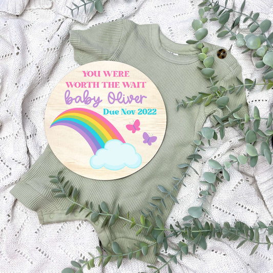 Worth the wait sign, baby announcement disc, rainbow baby, rainbow nursery, IVF baby