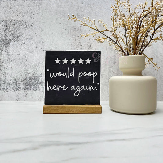 5 stars would poop here again wood sign, bathroom wood sign, bathroom decor